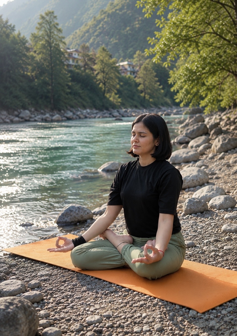 Yoga meditation by the river in Rishikesh